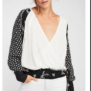Free People Deep-V Blouse w/ Floral Sleeves